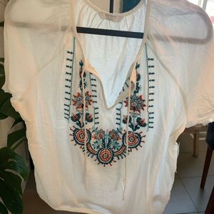 Lucky Brand White Peasant Blouse with Teal & Orange Embroidery